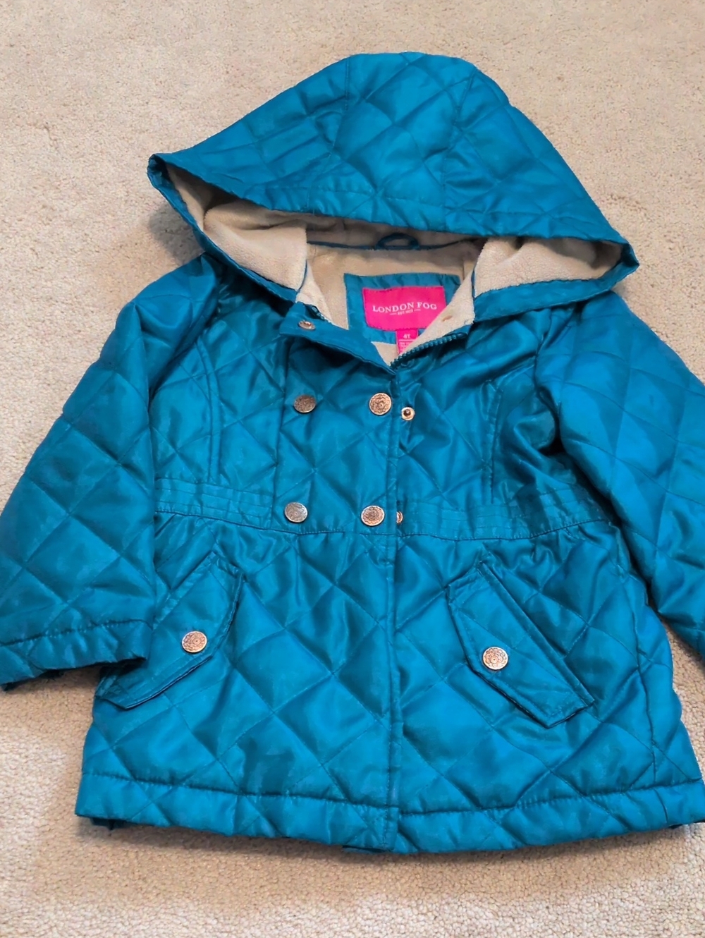 London Fog Girls' Quilted Hooded Puffer in Teal Blue - 4T